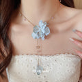 Fabric Flower Y Drop Necklace Gold Chain Crystal Accents view 3