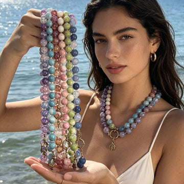 Multicolor Twelve Millimeter Round Bead Necklace With Carabiner Clasp