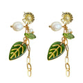 Gold Flower Pearl Green Leaf Tassel Drop Earrings With Chain view 5