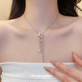 Silver Tone Pearl and Crystal Tassel Y Necklace With Decorative Details view 3
