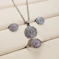Silver Pave Flower CZ Necklace Earrings Open Ring Set view 1