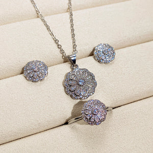 Silver Pave Flower CZ Necklace Earrings Open Ring Set