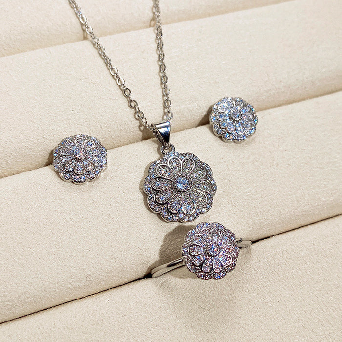 Silver Pave Flower CZ Necklace Earrings Open Ring Set