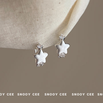 Silver Tone Brushed White Star And Clear Stone Huggie Earrings
