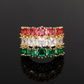 Gold-Tone Three-Row Red Clear Green Square Stone Ring Sizes 6-10 view 5