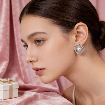 Silver Ribbon Wire Flower Pearl Look Stud Earrings