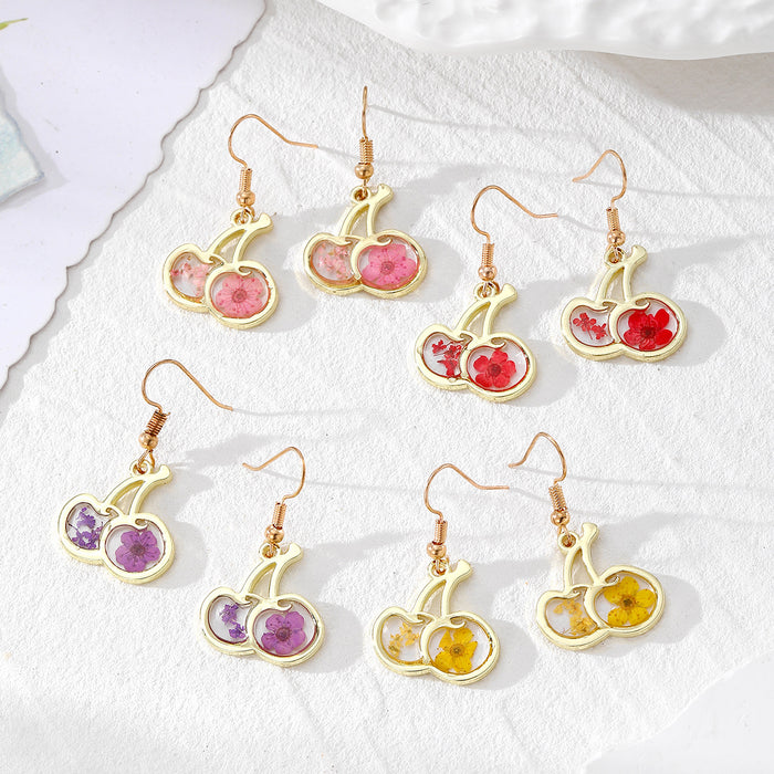 Cherry Shape Resin Dried Flower Drop Earrings 4 Colors