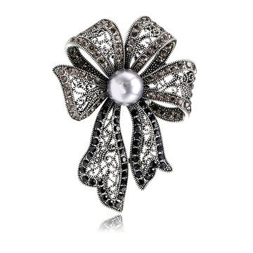 Black Silver Tone Ribbon Bow Metal Brooch Pin for Jackets and Lapels