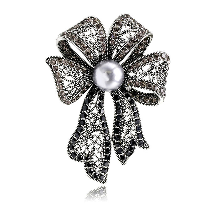 Black Silver Tone Ribbon Bow Metal Brooch Pin for Jackets and Lapels