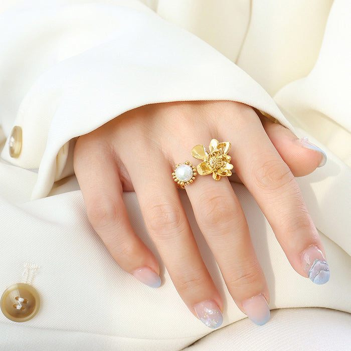 Gold Steel Open Flower Pearl Ring Adjustable Brass Band