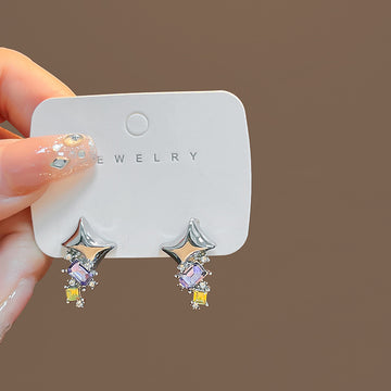 Silver Tone Star and Colorful Crystal Dangle Stud Earrings