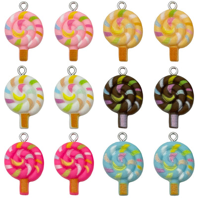 Multicolor lollipop charms arranged on a light background