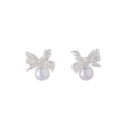 Silver Tone Bow and White Pearl Look Small Stud Earrings view 5