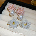 Pink Beaded Flower Stud Earrings with Round Pearl Drops view 4