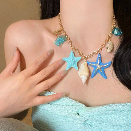 Colorful Starfish and Seashell Charm Chain Necklace — close-up worn view