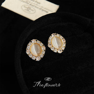 Gold Tone Cream Oval Stone Clear Halo Stud Earrings For Women