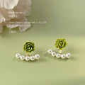 Green Rose And White Pearl Curve Convertible Two Way Stud Earrings view 4