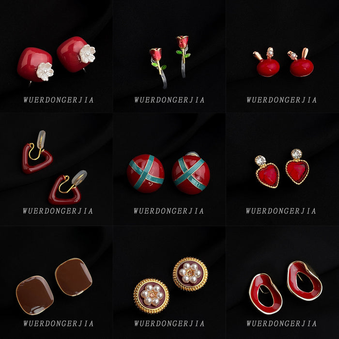 Gold Mosquito Coil Clip Earrings Assorted Wine Red Charms
