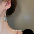 Blue Rectangle Crystal Chain Drop Earrings Fashion Jewelry view 3
