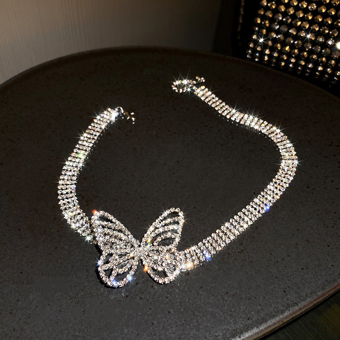Silver Rhinestone Multi-Row Butterfly Choker Necklace Single Style