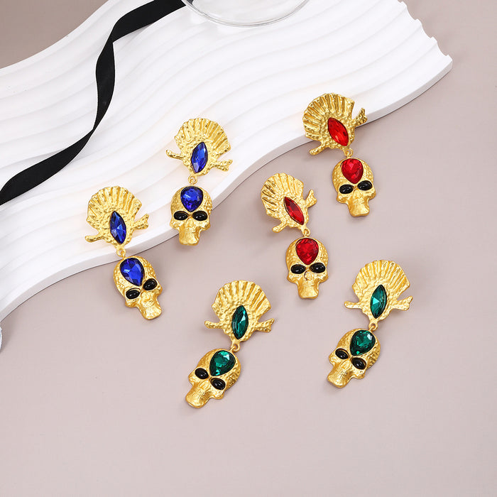 Gold Egyptian Headdress Skull Blue Red Green Stud Earrings