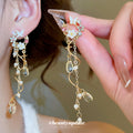 Colorful Floral Crystal Chain Drop Earrings with Black Teardrops view 1
