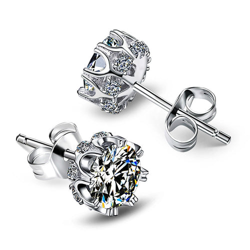 Pair silver eight-prong round clear CZ stud earrings front and back views