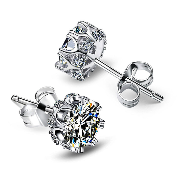 Silver Eight Prong Round Clear CZ Classic Stud Earrings