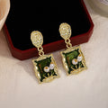 Green Framed Floral Garden Rectangle Dangle Stud Earrings view 2