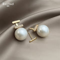 Gold Double Bar Pave Large White Pearl Drop Earrings view 4