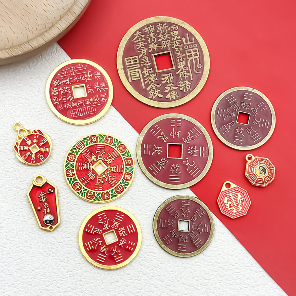 Zinc Alloy Antique Coin Square Hole Charm Pendant for DIY Chinese Style Jewelry