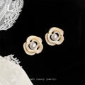 Gold White Enamel Openwork Camellia Pearl Stud Earrings view 2