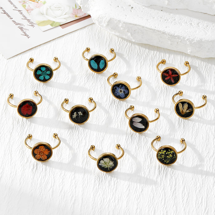 Gold Open Dried Flower Resin Cabochon Rings Eleven Styles