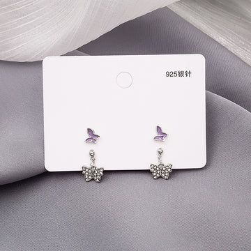 Purple and Silver Double Butterfly Dangle Stud Earrings