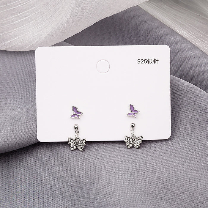Purple and Silver Double Butterfly Dangle Stud Earrings