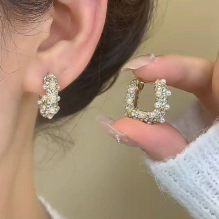 Silver Tone Crystal Buckle Pearl Drop Earrings Fashion Jewelry