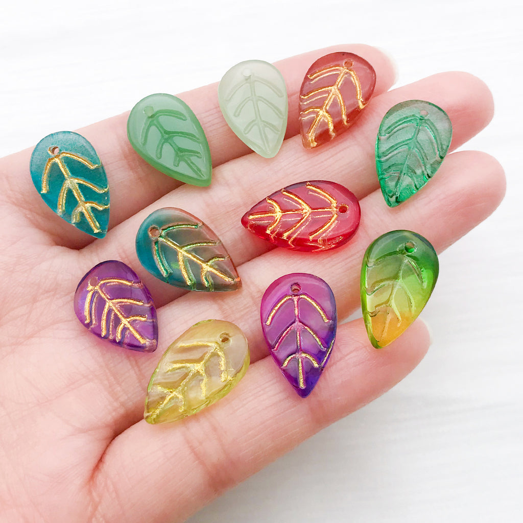 Vintage Glass Gilt Leaf Charm Pendant for Hairpin Tassel Jewelry Making