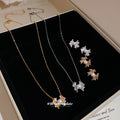 Pearl Crystal Bow Necklaces And Stud Earrings Two Tones view 2