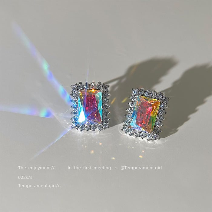 Silver-Tone Iridescent Rectangle Halo CZ Stud Earrings