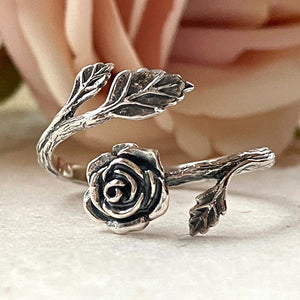 Antique Silver Open Adjustable Rose Flower Leaf Wrap Ring
