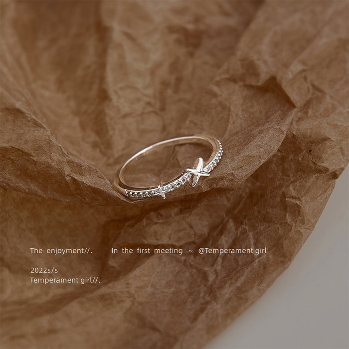 Silver Tone Clear Stone Star Crossover Open Adjustable Ring