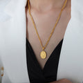 Oval Embossed Flower Pendant Necklaces Gold Steel Figaro Rope view 8