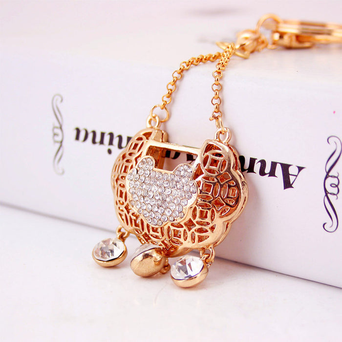 Rhinestone Chinese Longevity Lock Keychain, New Year Bag Charm Gift