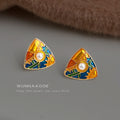 Gold Triangle Enamel Landscape Stud Earrings Pearl Center view 1