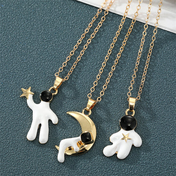 Gold Tone White Astronaut Celestial Pendant Necklaces