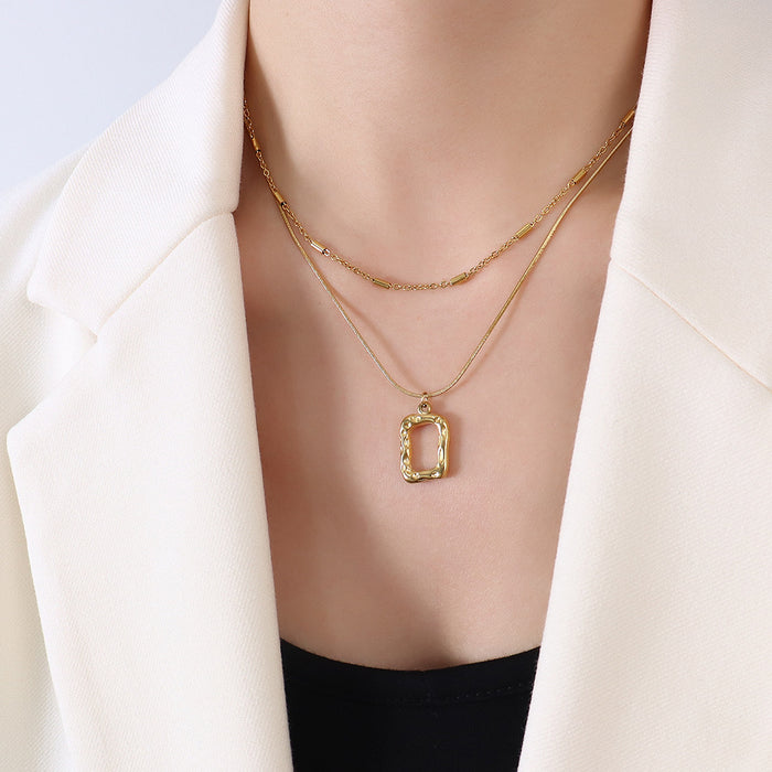 Double Layer Geometric Square Pendant Necklace Gold Steel