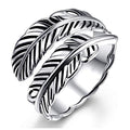 Silver Tone Triple Feather Leaf Open Ring With Dark Details view 1