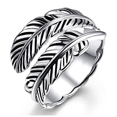 Alternate product view of silver tone triple feather leaf open ring with dark details