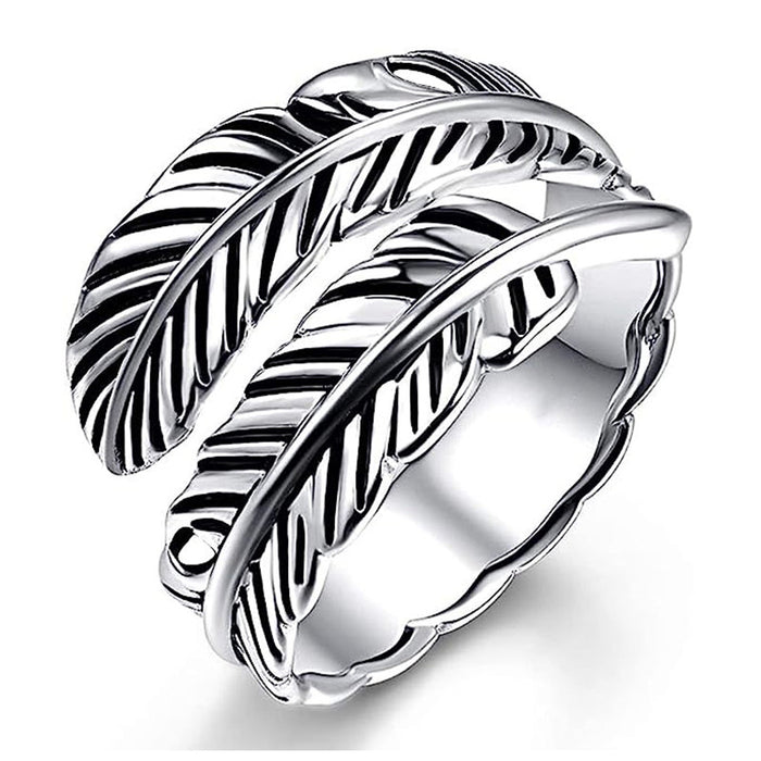 Silver Tone Triple Feather Leaf Open Ring With Dark Details