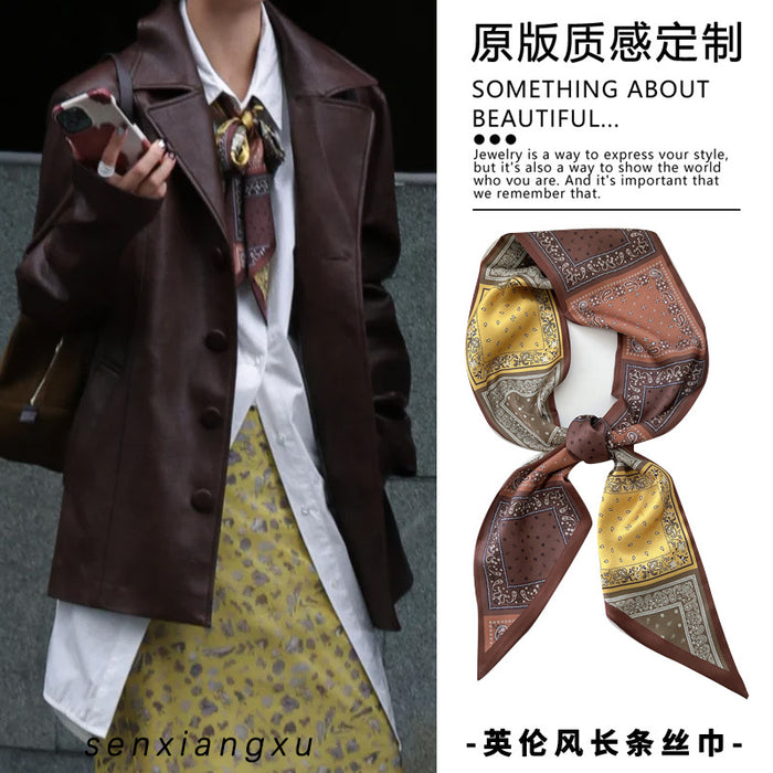 Brown and Yellow Printed Skinny Scarf Necklace with Pointed Ends